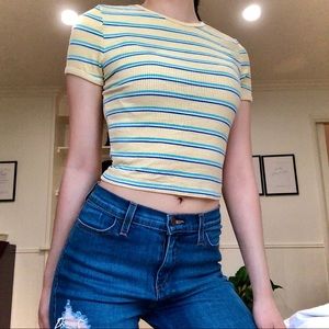 Vintage Style Yellow/Blue Striped Crew Crop Top